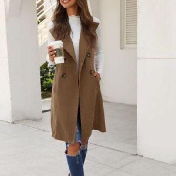 Classic Burnt Orange Long Vest Coat Pocket Jacket - Picture 5 of 12